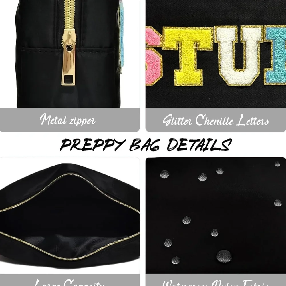 Black Cosmetic Bag with Colorful 'STUFF'‎ Design